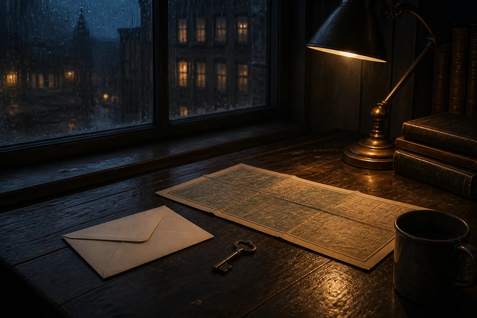 Editorial illustration of a handwritten note and brass key on a city sidewalk at dusk, suggesting The Path of Beatrice.