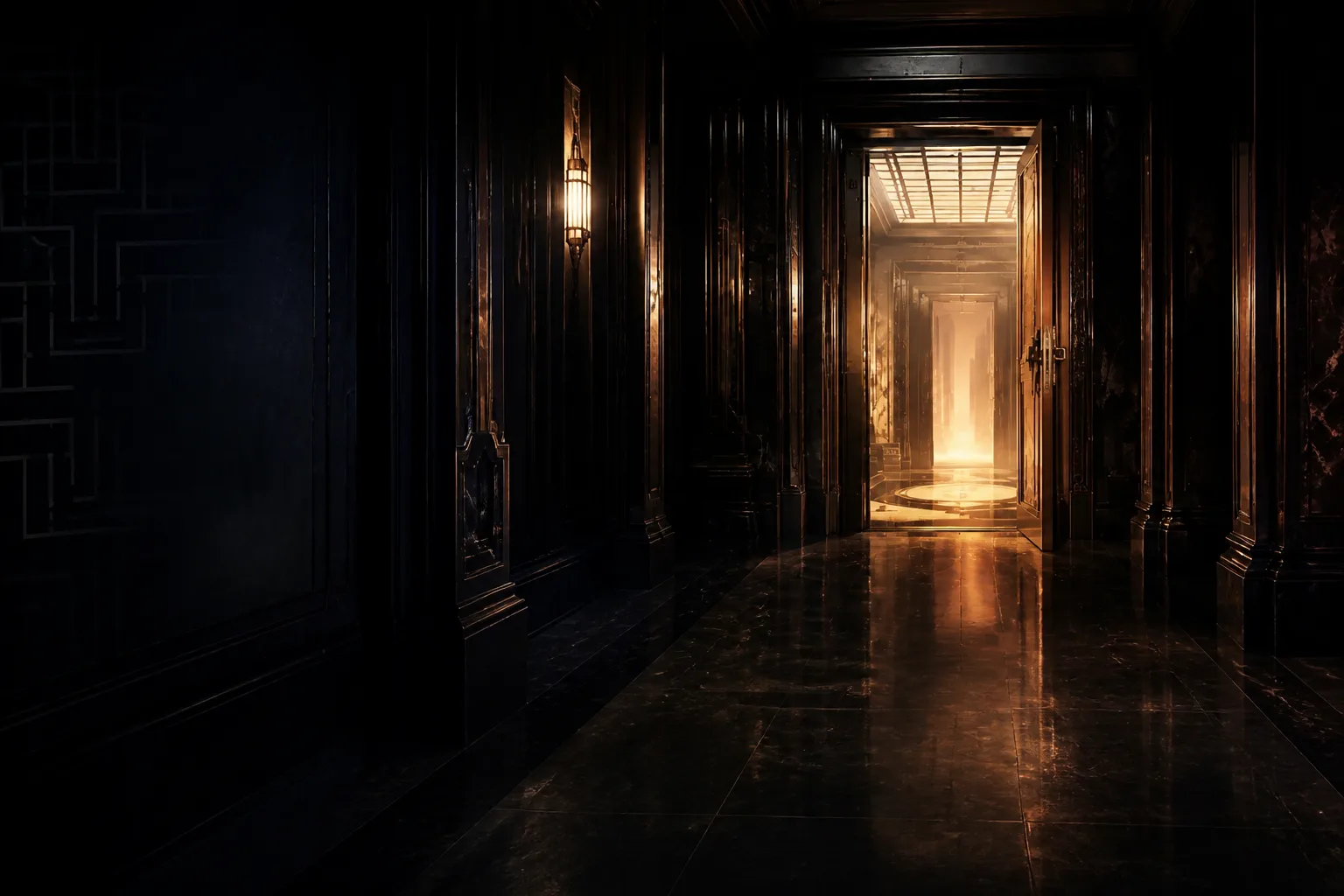 Atmospheric illustration of a neon-lit Koreatown corridor leading toward a shadowed doorway, suggesting Paradiso Chapter 1.
