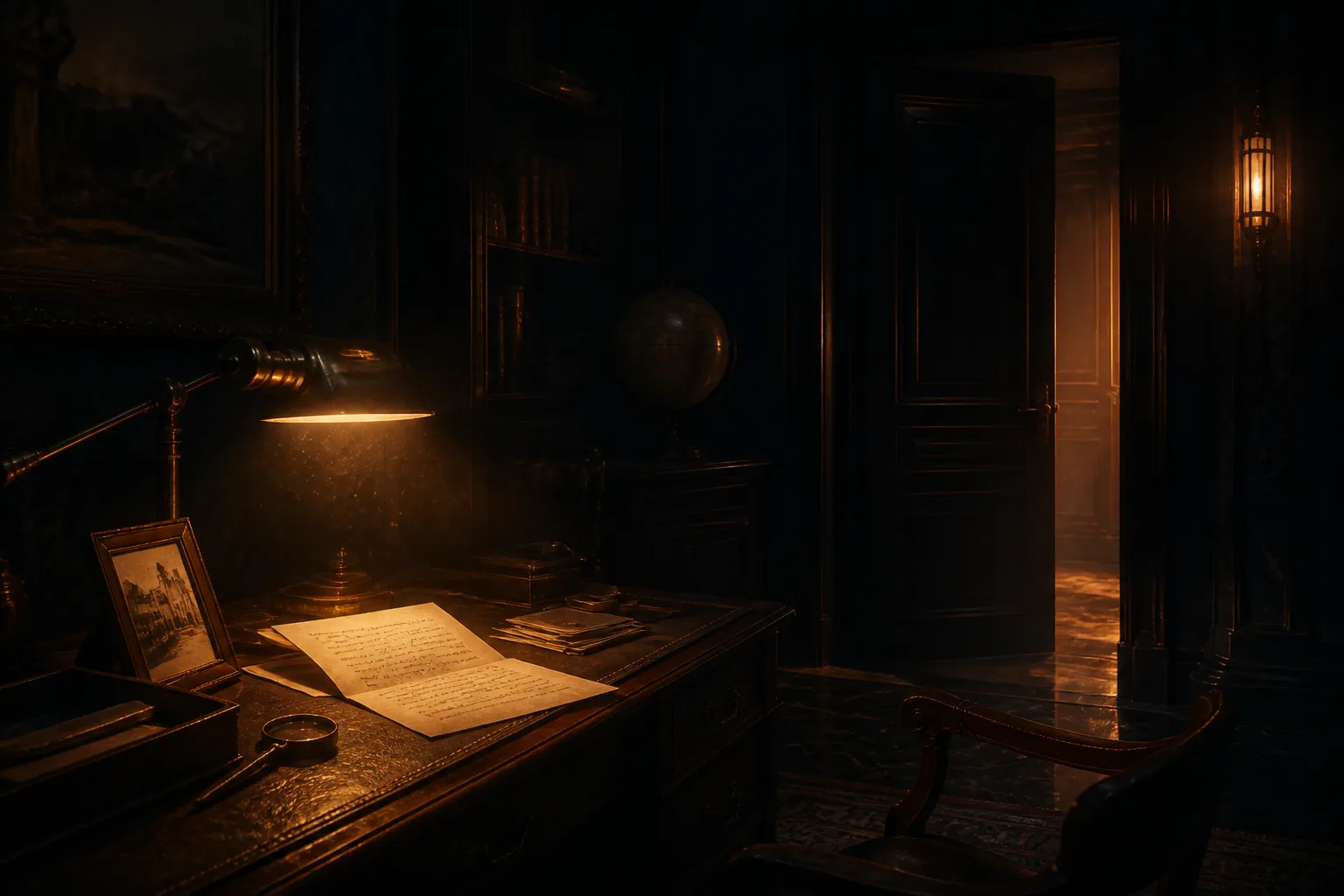 Editorial illustration of a dimly lit immersive room with a desk, lamp and doorway, suggesting story-first escape design.